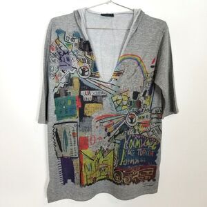 INOAH USA Women’s Tunic Top Sz M Art-To-Wear Grafitti Print Hooded 3/4 Sleeves